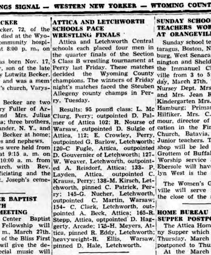 Attica and Letchworth Schools Pace Wrestling Finals