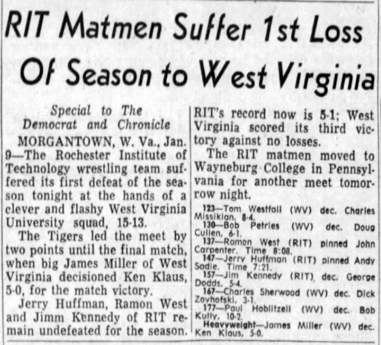 RIT Matmen Suffer 1st Loss of Season to West Virginia