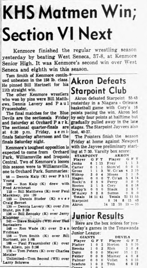 Kenmore Matmen Win; Section VI Next