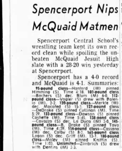 Spencerport Nips McQuaid Matmen