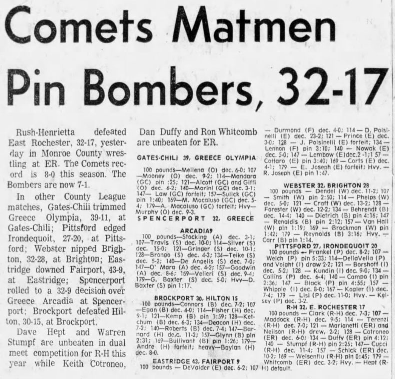 Comets Matmen Pin Bombers, 32-17