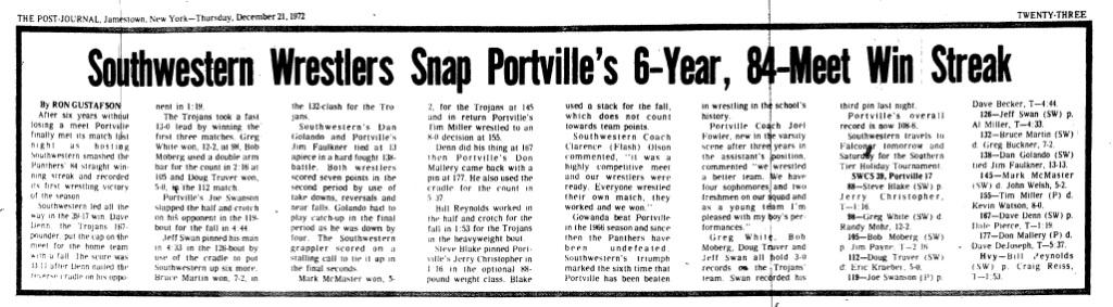 Southwestern Wrestlers Snap Portville's 6-Year, 84-Meet Win Streak