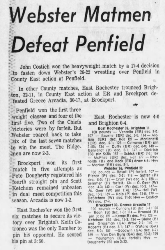 Webster Matmen Defeat Penfield