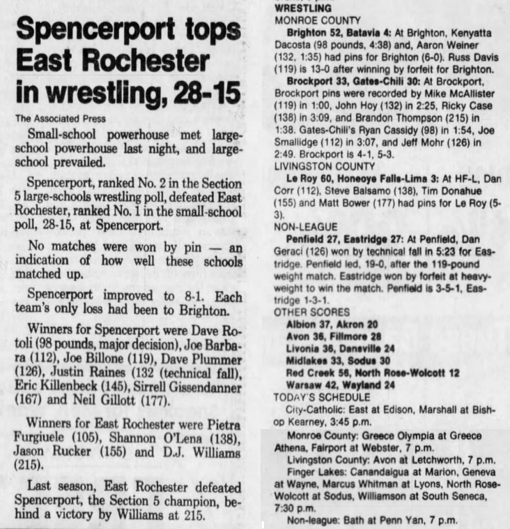 Spencerport tops East Rochester in wrestling, 28-15