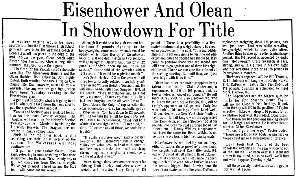 Eisenhower and Olean in Showdown for Title
