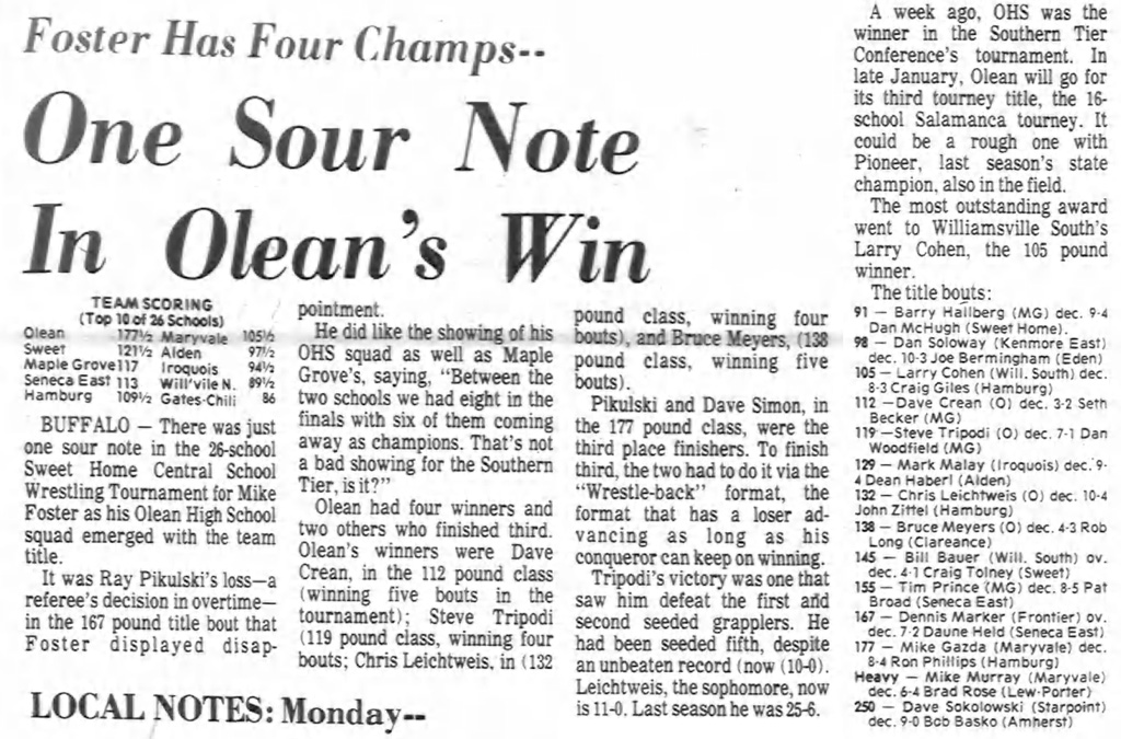 Foster Has Four Champs -- One Sour Note In Olean's Win