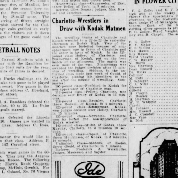 Charlotte Wrestlers in Draw with Kodak Matmen