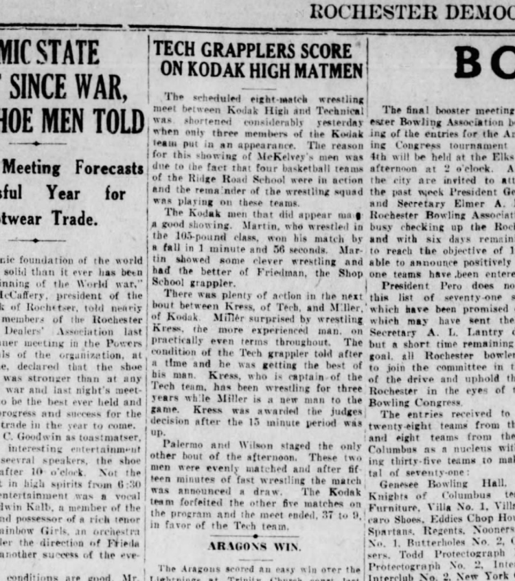 Tech Grapplers Score On Kodak High Matmen