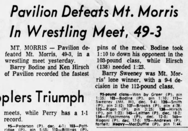 Pavilion Defeats Mt. Morris In Wrestling Meet, 49-2