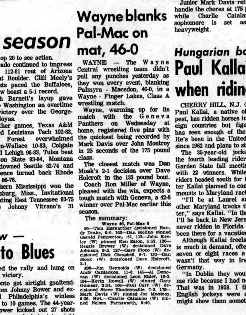 Wayne blanks Pal-Mac on mat, 46-0