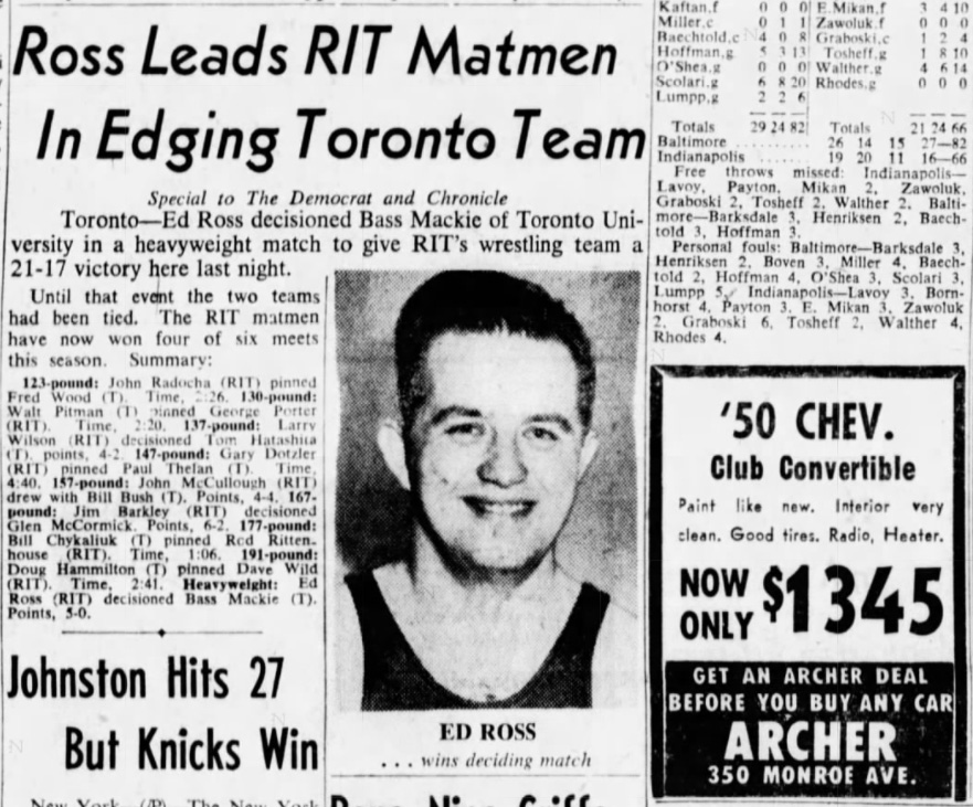 Ross Leads RIT Matmen In Edging Toronto Team