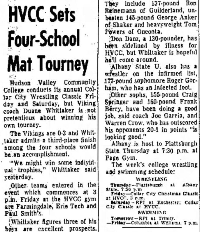 HVCC Sets Four-School Mat Tourney