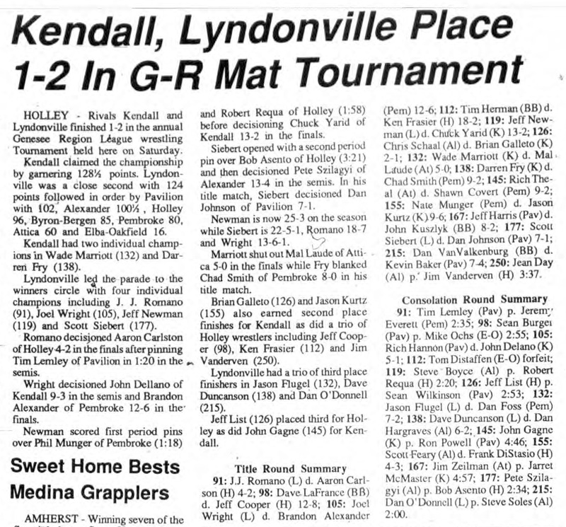 Kendall, Lyndonville Place 1-2 In G-R Mat Tournament