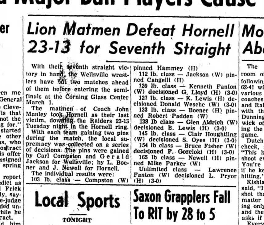 Lion Matmen Defeat Hornell 23-13 for Seventh Straight