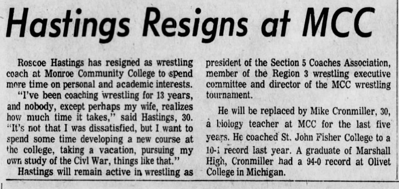 Hastings Resigns at MCC