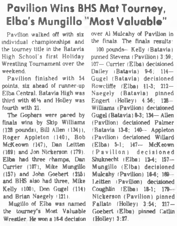 Pavilion Wins Batavia Mat Tourney; Elba's Mungillo Most Valuable