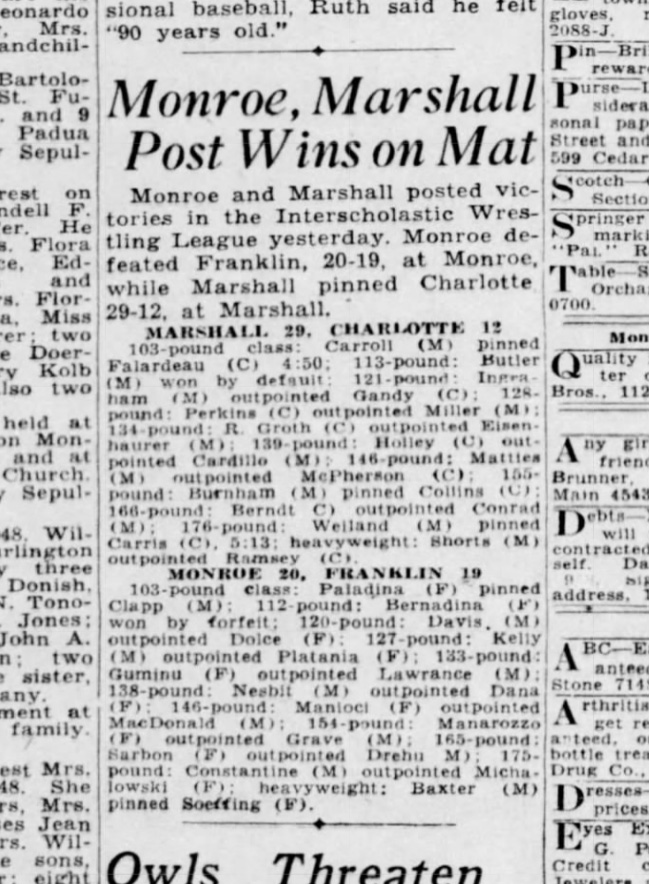 Monroe, Marshall Post Wins On Mat