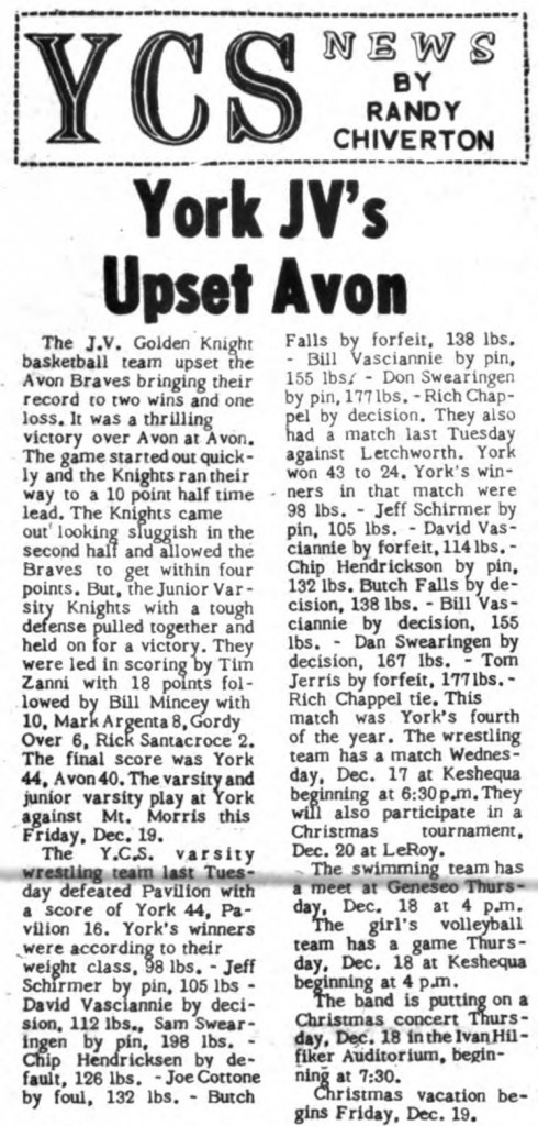 The Y.C.S. varsity wrestling team last Tuesday defeated Pavilion...
