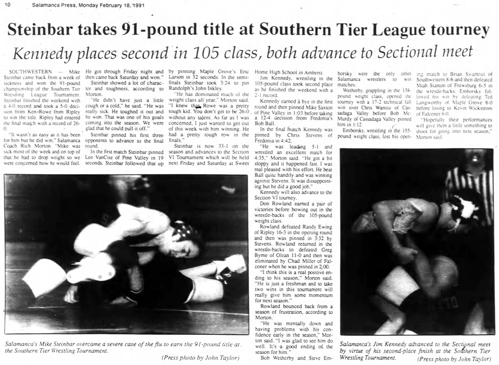 Steinbar takes 91-pound title at Southern Tier League tourney