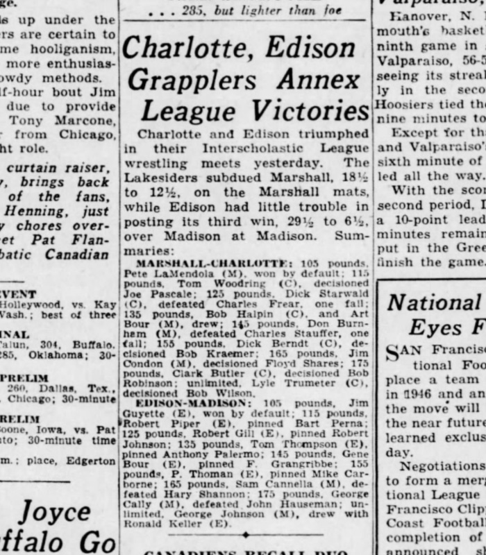 Charlotte, Edison Grapplers Annex League Victories