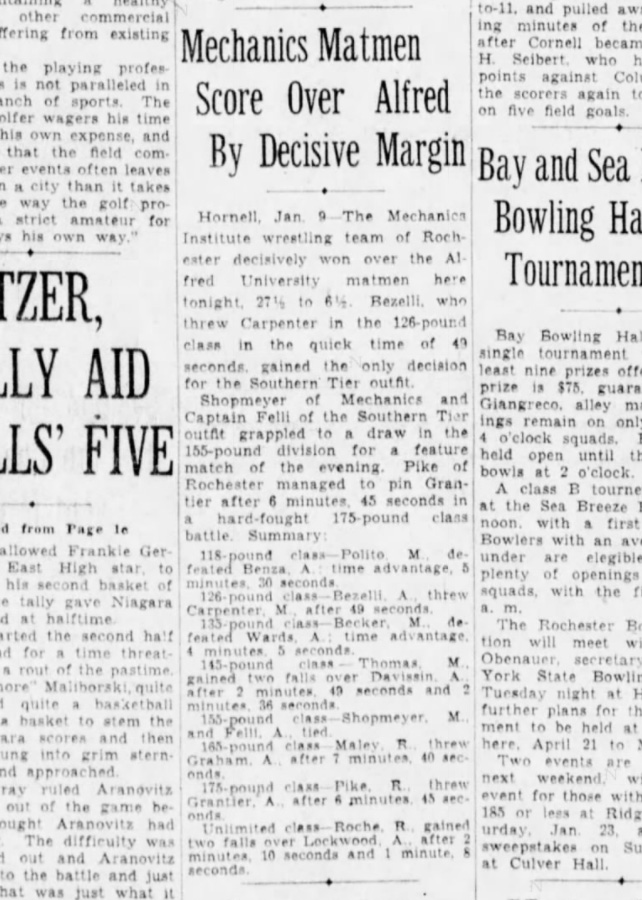 Mechanics Matmen Score Over Alfred By Decisive Margin