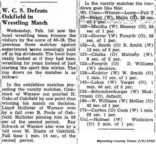 Warsaw Defeats Oakfield in Wrestling Match