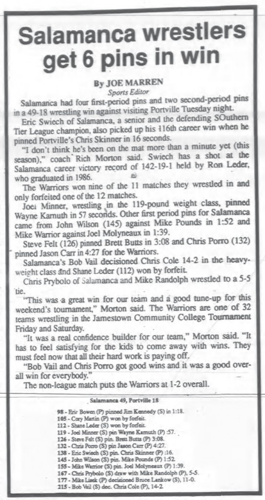 Salamanca wrestlers get 6 pins in win