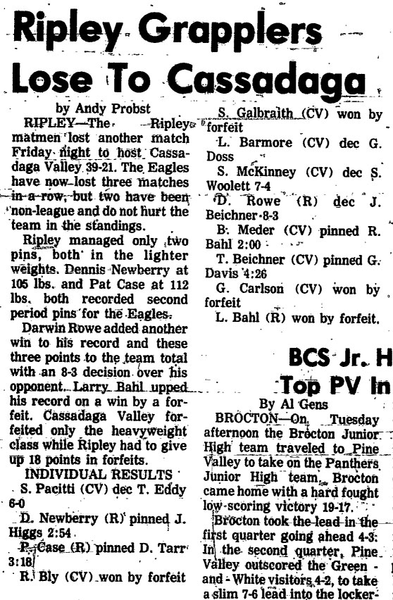 Ripley Grapplers Lose to Cassadaga