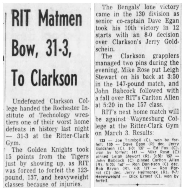 RIT Matmen Bow, 31-3, To Clarkson