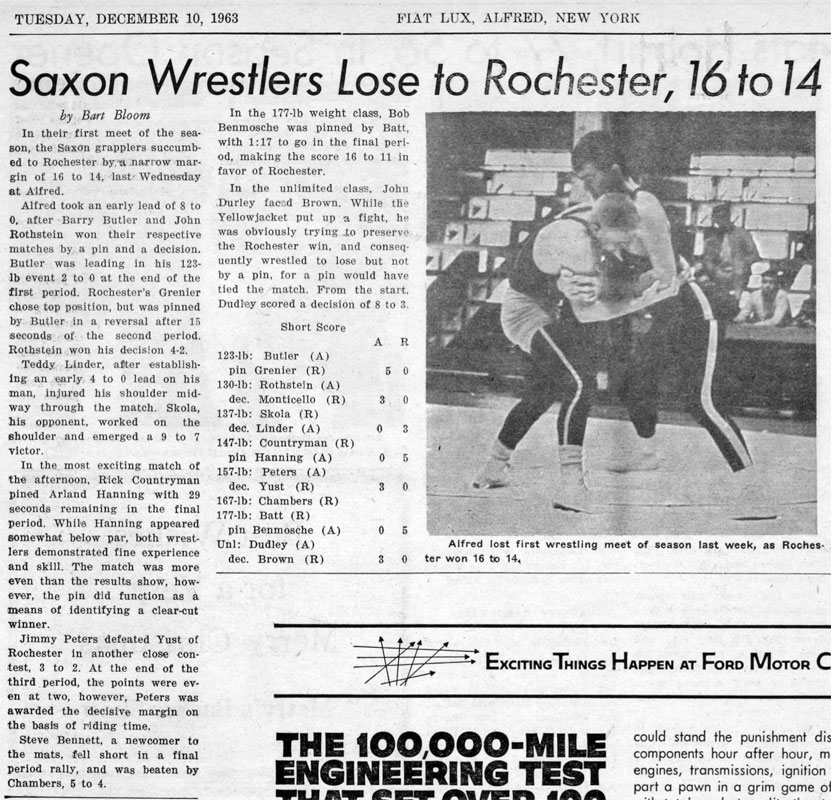 Saxon Wrestlers Lose to Rochester, 16 to 14