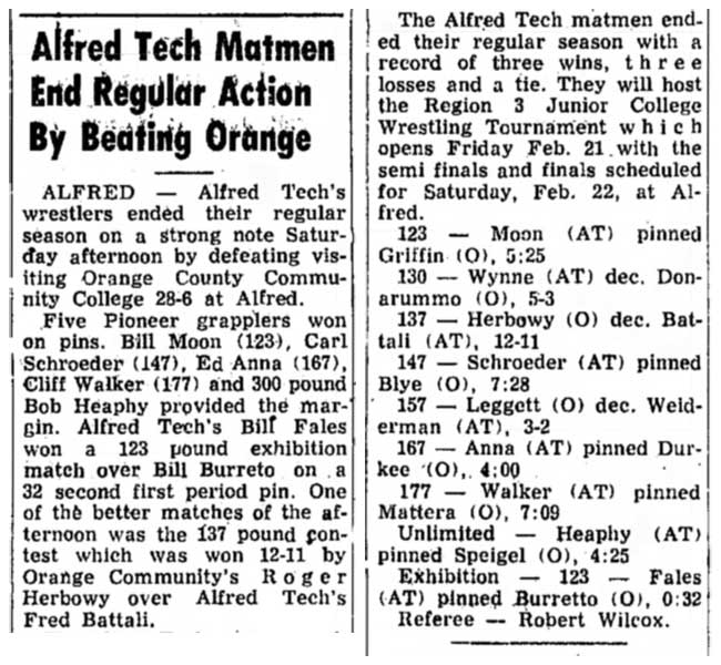 Alfred Tech Matmen End Regular Action By Beating Orange