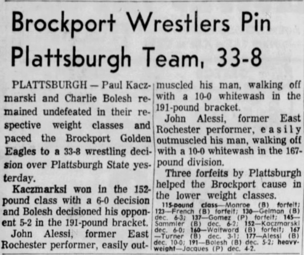 Brockport Wrestlers Pin Plattsburgh Team, 33-8
