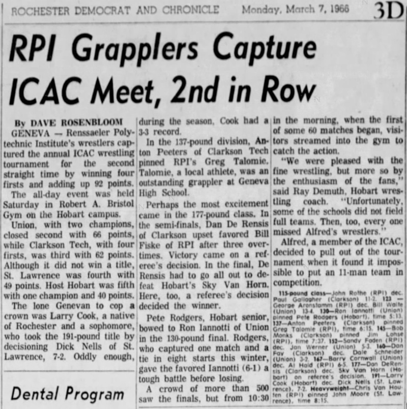 RPI Grapplers Capture ICAC Meet, 2nd in Row