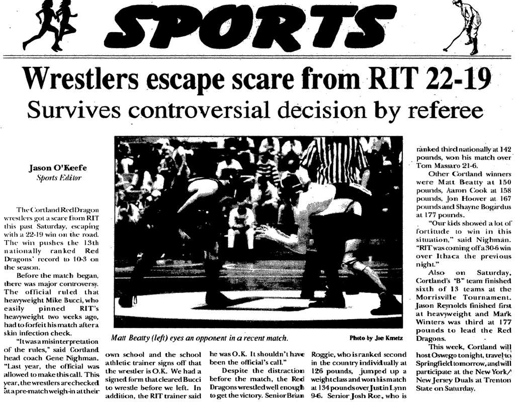 Cortland wrestlers escape scare from RIT 22-19