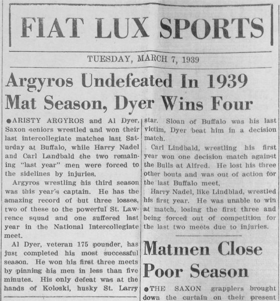 Argyros Undefeated In 1939 Mat Season, Dyer Wins Four