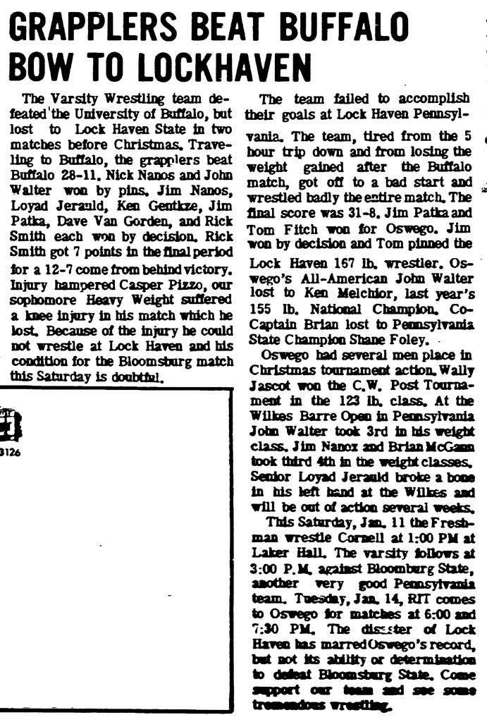 Oswego Grapplers Beat Buffalo Bow To Lock Haven