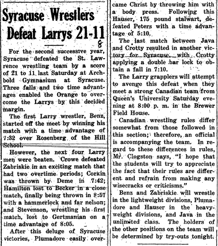 Syracuse Wrestlers Defeat Larrys 21-11