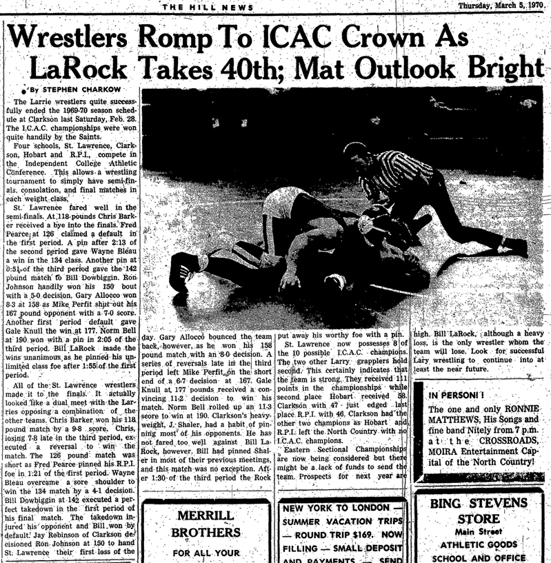 Wrestlers Romp To ICAC Crown As LaRock Takes 40th; Mat Outlook Bright