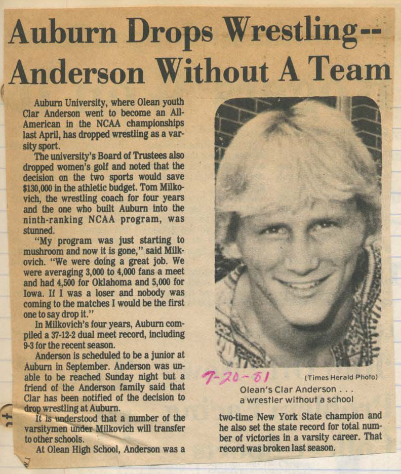 Auburn Drops Wrestling - Anderson Without a Team