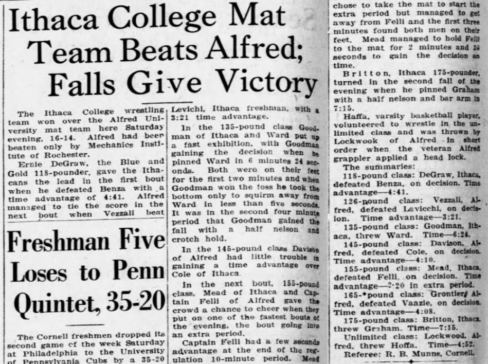 Ithaca College Mat Team Beats Alfred; Falls Give Victory