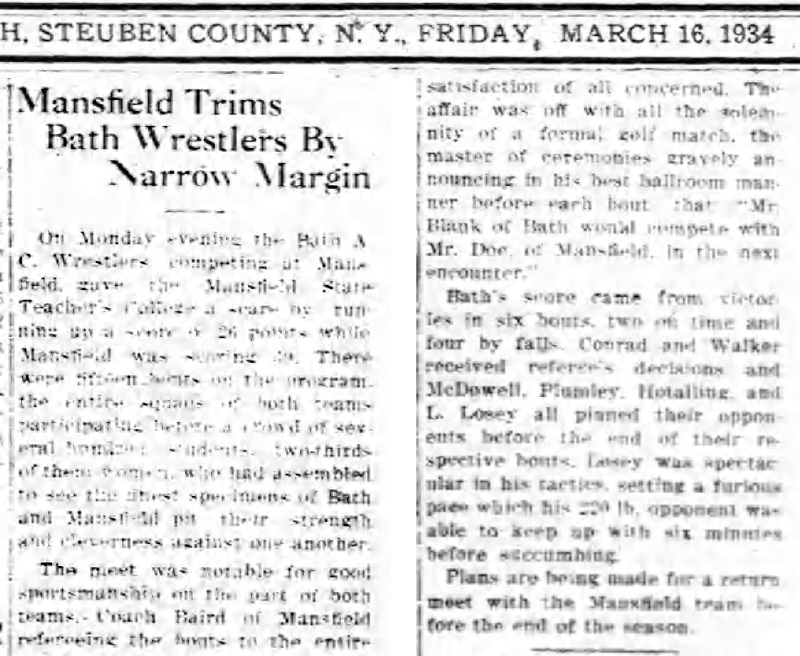 Mansfield Trims Bath Wrestlers By Narrow Margin