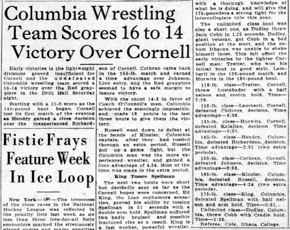 Columbia Wrestling Team Scores 16 to 14 Victory Over Cornell