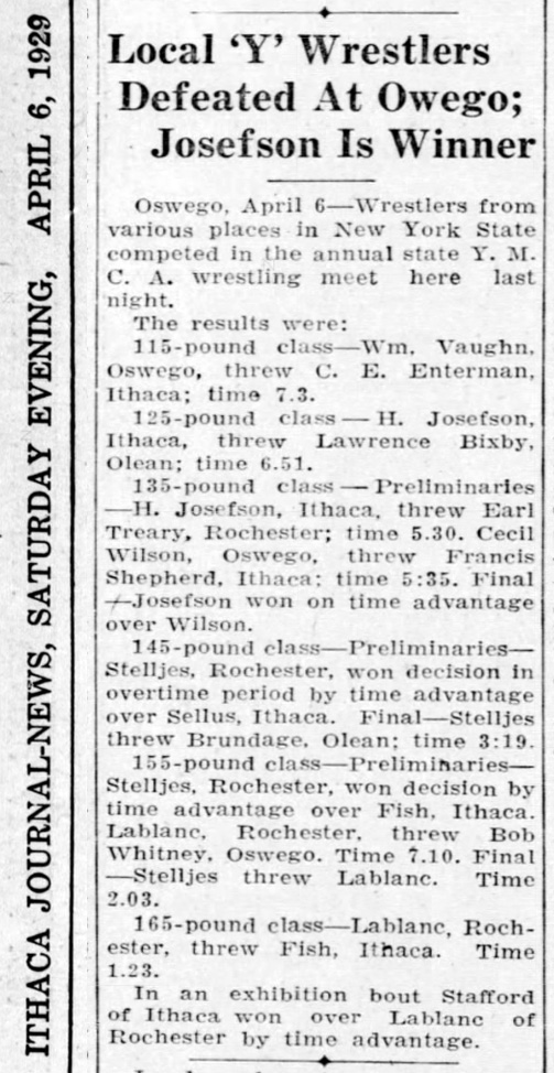 Local 'Y' Wrestlers Defeated at Oswego; Josefson Is Winner