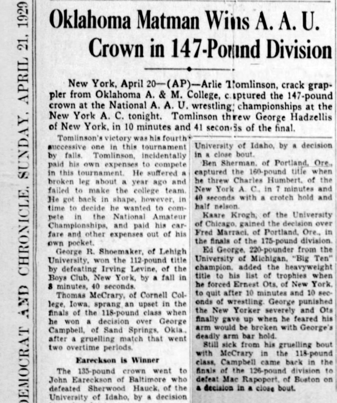 Oklahoma Matman Wins AAU Crown in 147-Pound Division