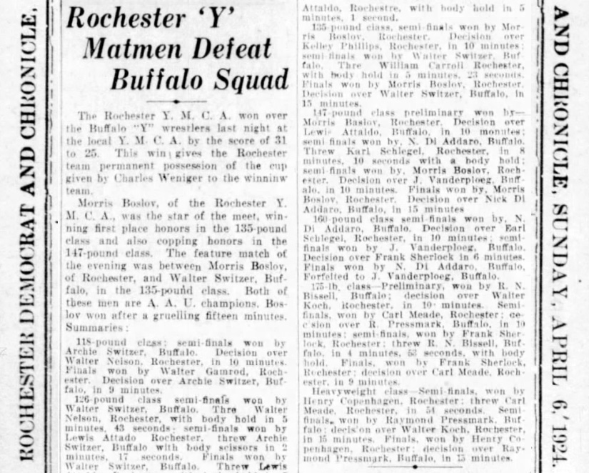 Rochester 'Y' Matmen Defeat Bufflo Squad