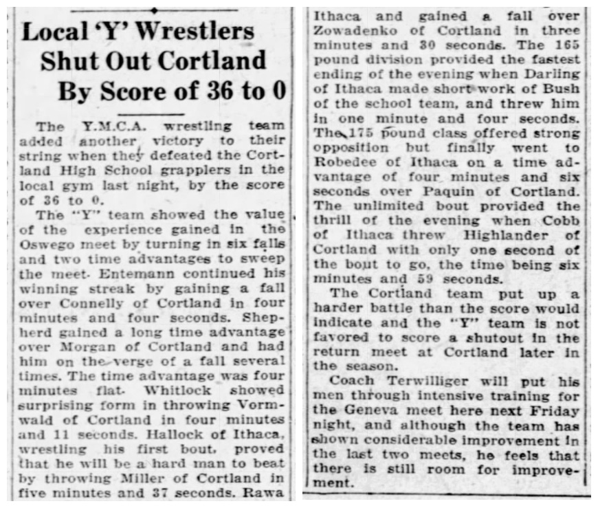 Local 'Y' Wrestlers Shut Out Cortland By Score of 36 to 0