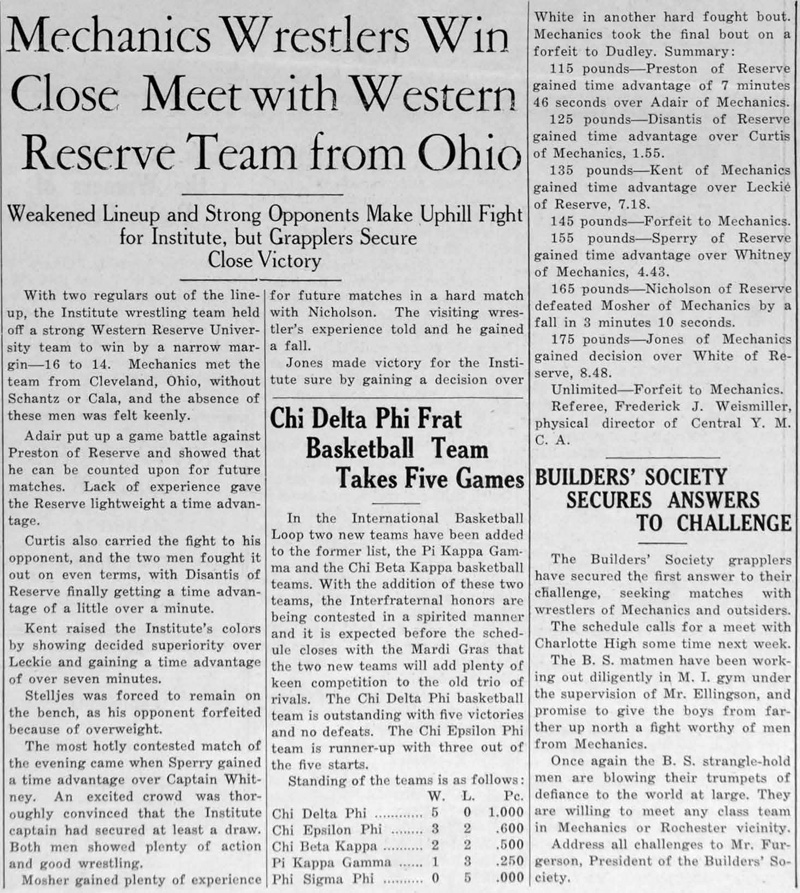 Mechanics Wrestlers Win Close Meet with Western reserve Team from Ohio