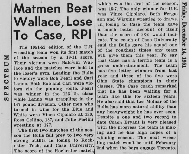 Buffalo Matmen Beat Wallace, Lose To Case, RIT