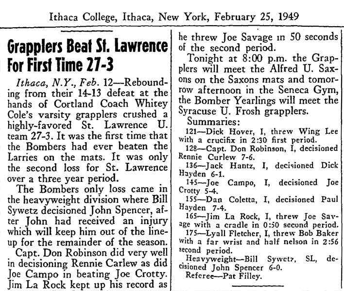 Ithaca Grapplers Beat St. Lawrence For First Time