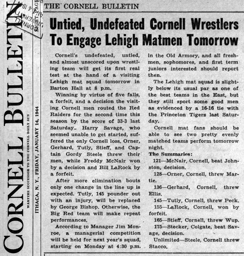 Untied, Undefeated Cornell Wrestlers To Engage Lehigh Matmen Tomorrow